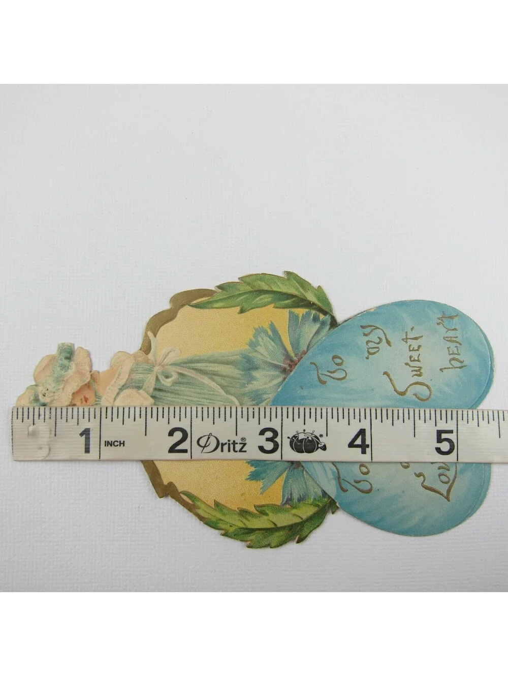 Antique Valentine Card Die Cut Stand Up Girl Hat Fan Blue Dress Flowers UNSIGNED